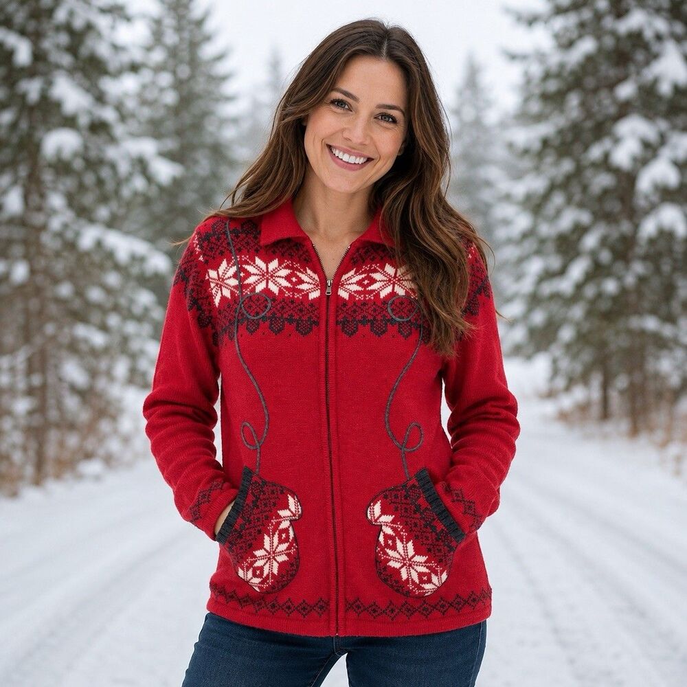 VTG Stitches In Time Sweater Women S Red Christmas Holiday Knit Cardigan Cottage